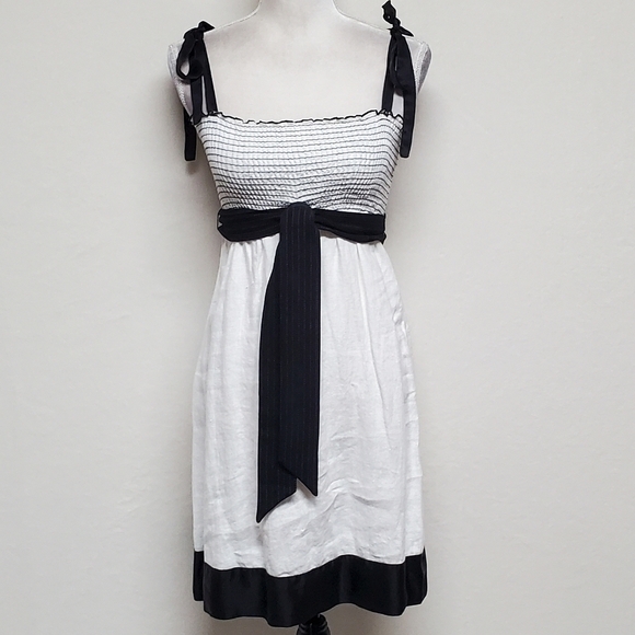 Vintage BEBE Black Silk White Linen Smocked Tie Shoulder Mini Babydoll Dress XS - Picture 2 of 15